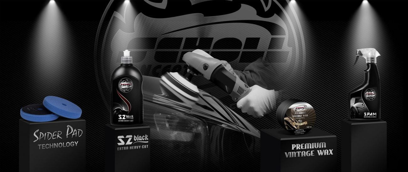 Imagen con productos Scholl Concepts para detailing: pulimentos, pastas abrasivas, esponjas de pulido y accesorios.