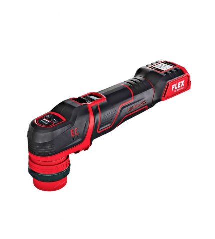 Primer plano del cabezal de la pulidora a batería Flex PXE 80 con plato rotativo instalado