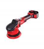 Vista cercana de la empuñadura ergonómica y control de velocidad de la pulidora Flex XFE 15 sin cables