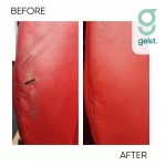 Comparación antes y después de aplicar relleno reparador de cuero en superficie dañada